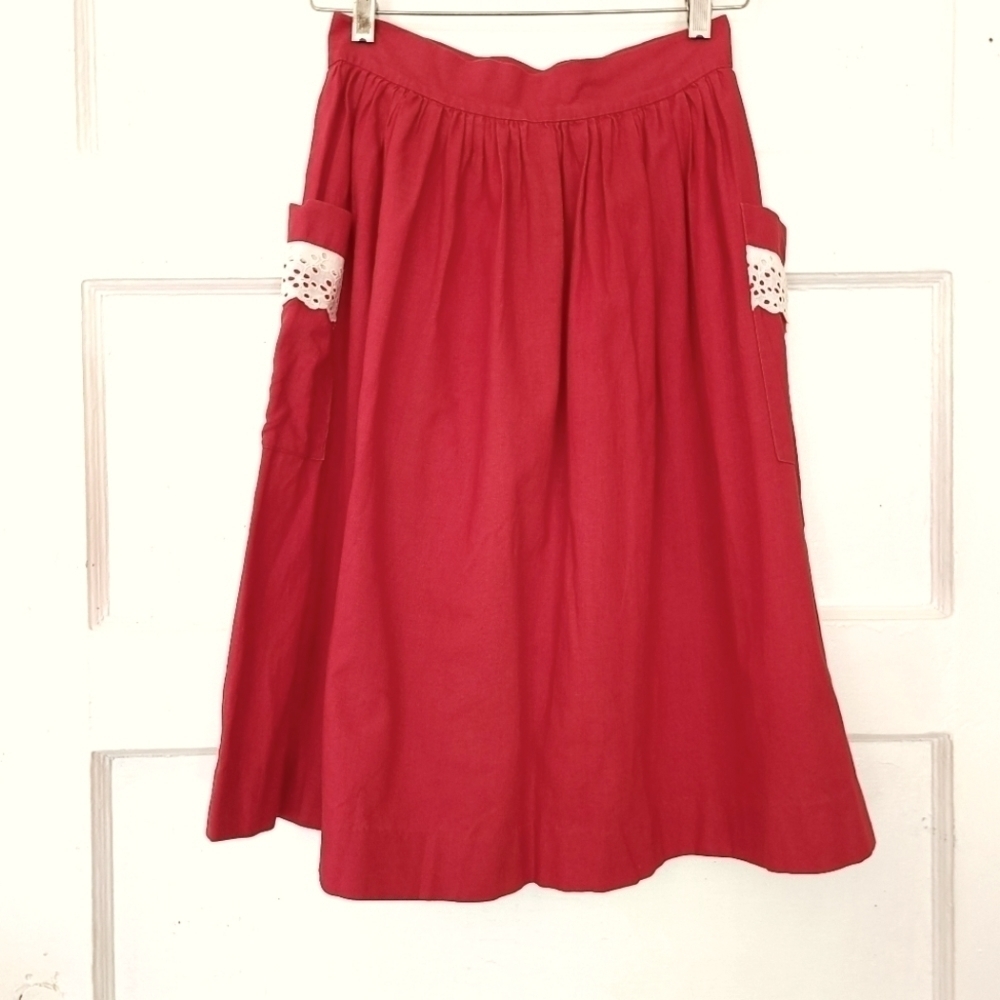 Vintage 50s Pleat Waist  Lace Pocket Trim A Line Red Skirt